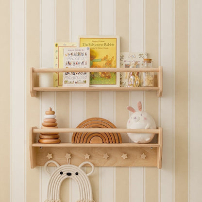 Montessori Wooden Wall Shelf with Star Pegs – Nursery Book & Toy Rack