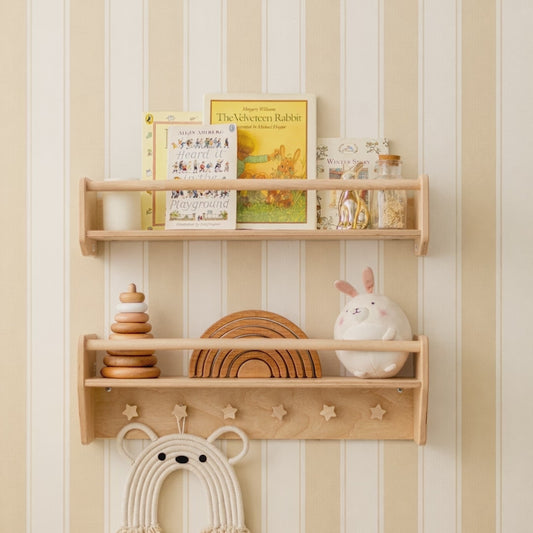 Montessori Wooden Wall Shelf with Star Pegs – Nursery Book & Toy Rack