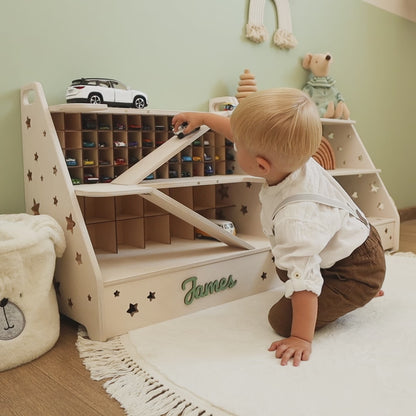 Personalized Wooden Toy Car Garage – Custom Kids Car Storage, Montessori Playroom Gift
