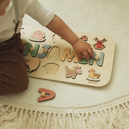 Personalized Wooden Name Puzzle with Farm Animals – Custom Educational Montessori Toy for Toddlers, Baby Shower Gift, Nursery Decor