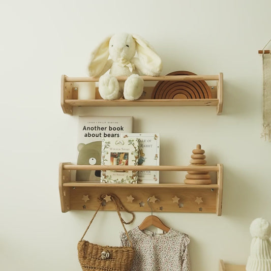 Montessori Floating Nursery Shelf with Hooks – Natural Wood Wall-Mounted Book & Toy Organizer for Kids Room