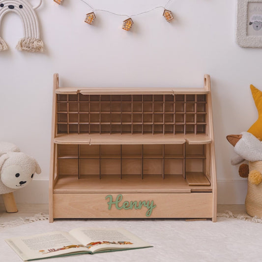 Personalized Wooden Toy Car Garage – 70-Car Storage with 3D Name