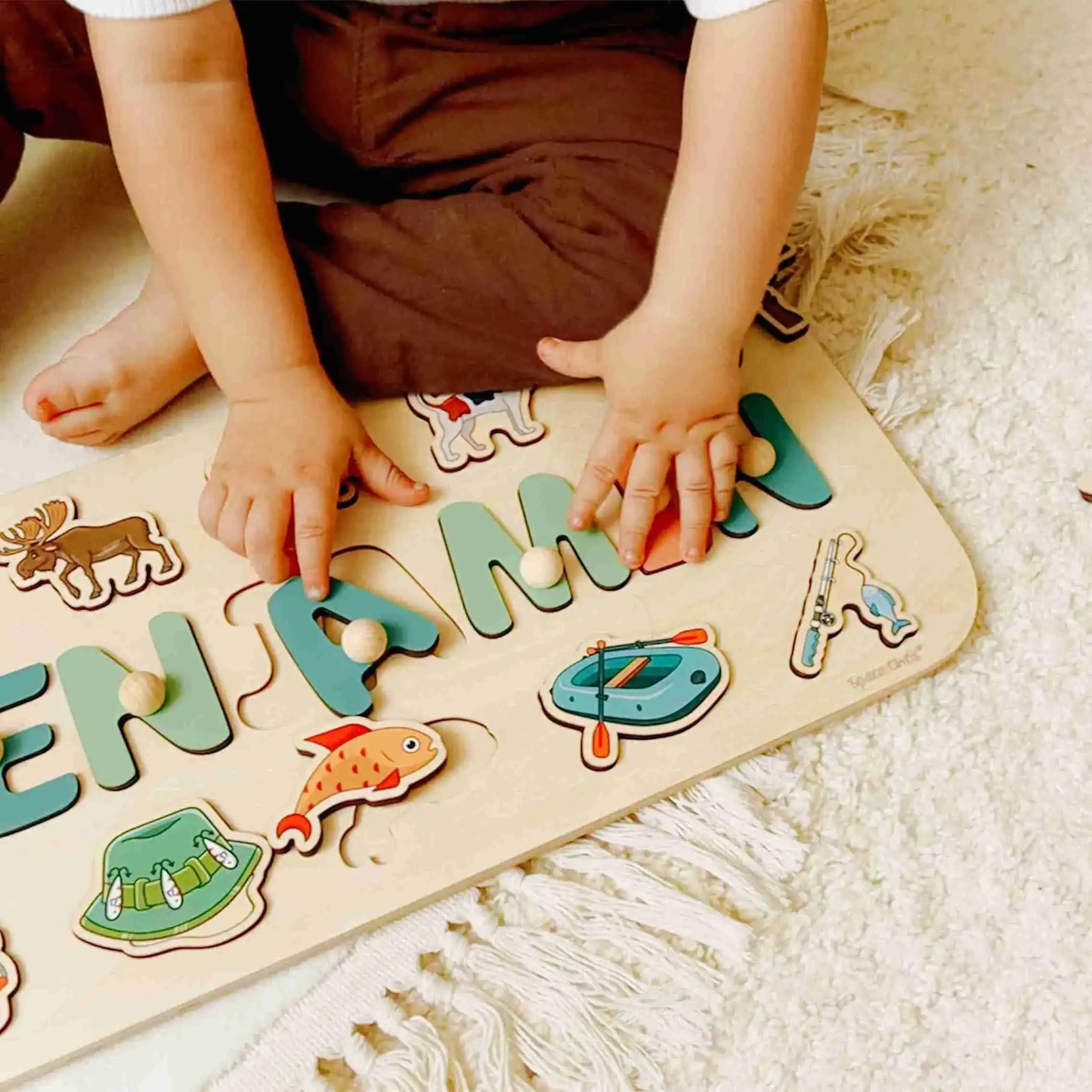 Personalized Wooden Name Puzzle for Boys – Fishing Theme, Educational Toy for Kids Ages 3–6, Custom Birthday Gift