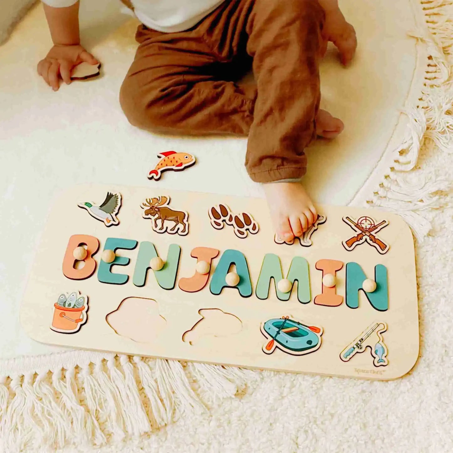 Personalized Wooden Name Puzzle for Boys – Fishing Theme, Educational Toy for Kids Ages 3–6, Custom Birthday Gift